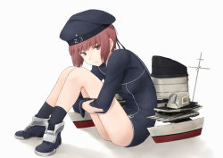 Rule 34 | 10s, 1girl, beret, brown eyes, brown hair, clothes writing, dress, fuyube gin (huyube), hat, kantai collection, hugging own legs, looking at viewer, sailor dress, sailor hat, short hair, sitting, smokestack, solo, z3 max schultz (kancolle)