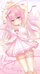 Rule 34 | 1girl, absurdres, animal ears, arms up, breasts, dress, hair ornament, highres, himekuma ribon, pink eyes, pink hair, re:act, ribbon, smile, solo, thighs, virtual youtuber, white background, white dress, x hair ornament, ya chuifeng lai