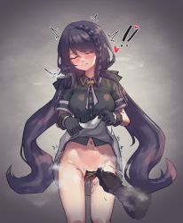 Rule 34 | !, 1girl, aftersex, black gloves, black shirt, black survival, blush, braid, breasts, closed mouth, clothes lift, cowboy shot, disembodied hand, front braid, gloves, grey background, head tilt, heart, highres, hyejin (black survival), lifted by self, long hair, maebari, medium breasts, navel, no panties, ofuda, ofuda on pussy, purple hair, rq (35695551), shirt, short sleeves, skirt, skirt lift, solo focus, standing, tally, trembling, twintails, very long hair, white skirt