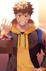 Rule 34 | &gt;:), 1boy, bag, bandaid, bandaid on face, black jacket, blurry, blurry background, breast pocket, brown eyes, brown hair, clenched hand, commentary request, copyright request, day, food, grin, hand on own hip, hand up, hao (haozz), highres, holding, holding bag, hood, hoodie, jacket, light blush, looking at viewer, male focus, messy hair, open clothes, open jacket, original, paid reward available, pocket, short hair, smile, solo, standing, sunlight, sweets, teeth, upper body, v-shaped eyebrows, valentine, wide-eyed, yellow hoodie