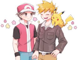 Rule 34 | 2boys, :d, belt, belt buckle, blonde hair, blue oak, blush, brown eyes, brown hair, buckle, closed mouth, commentary request, creatures (company), game freak, gen 1 pokemon, hat, holding hands, jacket, jewelry, male focus, mochi (mocchi p 2m), multiple boys, necklace, nintendo, on shoulder, open mouth, pants, pikachu, pink headwear, pink vest, pokemon, pokemon (creature), pokemon hgss, pokemon on shoulder, red (pokemon), shirt, short hair, short sleeves, smile, teeth, upper teeth only, vest, white shirt, wristband
