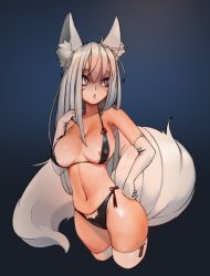 Rule 34 | 1girl, ahoge, animal ears, areola slip, blue background, breasts, collarbone, covered erect nipples, elbow gloves, fox ears, fox girl, fox tail, frills, gloves, gradient background, grey eyes, hair between eyes, highres, large breasts, long hair, mfus, navel, nipple slip, nipples, original, parted lips, pink lips, purple eyes, silver hair, solo, tail, thighhighs, white gloves, white thighhighs