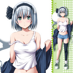 Rule 34 | 1girl, :o, bare shoulders, black jacket, black thighhighs, blue shorts, blush, blush stickers, breasts, buttons, collarbone, contemporary, eyebrows, full body, green footwear, hairband, highres, jacket, jacket off shoulders, konpaku youmu, konpaku youmu (ghost), large breasts, looking at viewer, multiple views, navel, nori tamago, off shoulder, open clothes, open jacket, parted lips, shirt, shoes, short hair, short shorts, shorts, single thighhigh, sleeveless, smile, sneakers, standing, stomach, tank top, tareme, thighhighs, touhou, upper body, white shirt