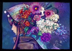 Rule 34 | flower, hat, nichimatsu seri, original, pink eyes, profile, scarf, signature, solo