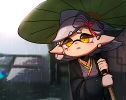 1girl blonde_hair earrings full_body hair_ornament highres holding holding_umbrella inkling japanese_clothes jewelry kimono looking_at_viewer marie_(splatoon) mole mole_under_eye nintendo parasol pointy_ears short_hair solo splatoon_(series) splatoon_2 tentacle_hair umbrella wuju59