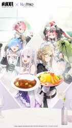 Rule 34 | 6+girls, :&lt;, ade (nikke), apron, arms up, artist request, black dress, blue hair, bottled plant, brown hair, carrot, closed eyes, closed mouth, cocoa (nikke), commentary, copyright name, cropped, curry, curry rice, dress, emilia (re:zero), english commentary, false smile, food, gloves, goddess of victory: nikke, green eyes, green hair, hair over one eye, highres, holding, holding plate, indoors, ketchup, long hair, long sleeves, looking at viewer, maid, maid apron, maid headdress, medium hair, multiple girls, omelet, omurice, open mouth, own hands together, pink eyes, pink hair, plate, potato, purple eyes, ram (re:zero), re:zero kara hajimeru isekai seikatsu, rem (re:zero), rice, second-party source, shrimp, shrimp tempura, smile, soda (nikke), sparkle, sweatdrop, table, tempura, white dress, white gloves, white hair, worried