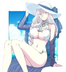 Rule 34 | 1girl, alternate costume, azur lane, bikini, breasts, cleavage, closed mouth, cloud, commentary, day, eyelashes, grey eyes, hair between eyes, hat, highres, large breasts, long hair, looking at viewer, outdoors, sbs, see-through, silver hair, sitting, sky, solo, sovetsky soyuz (azur lane), sun hat, swimsuit, white bikini, white hat