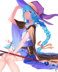 Rule 34 | 1girl, absurdres, belt pouch, blouse, blue eyes, blue hair, braid, breasts, cape, closed mouth, commentary request, covered erect nipples, cowboy shot, gem, hair between eyes, hair ornament, hair ribbon, hand on headwear, hat, highres, holding, holding staff, jewelry, knees together feet apart, long hair, matching hair/eyes, mushoku tensei, orange ribbon, pouch, purple hat, ribbon, roxy migurdia, ryokucha (i cobalt), shirt, side braid, simple background, sitting, solo, staff, twin braids, very long hair, white background, wind, witch hat