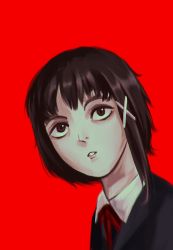 Rule 34 | 1girl, absurdres, asymmetrical hair, brown eyes, brown hair, hair ornament, highres, iwakura lain, looking at viewer, mirrurin, open mouth, red background, red neckwear, school uniform, self-upload, serial experiments lain, short hair, simple background, solo, x hair ornament