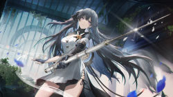Rule 34 | 1girl, absurdres, accessories, black hair, blade, blue hair, breasts, curtains, curvy, dress, earrings, fingerless gloves, flute, garden, gloves, hair ornament, highres, holding, holding instrument, holding weapon, instrument, jewelry, light rays, long hair, looking away, mada (shizhou), mecha musume, medium breasts, multicolored hair, official style, petals, pillar, punishing: gray raven, purple eyes, selena (punishing: gray raven), short sleeves, tree, weapon