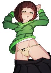 Rule 34 | 1girl, absurdres, arms up, black skirt, blsh (blshwrks), blush, bob cut, bow, bow panties, breasts, brown hair, clitoral hood, clothes pull, collarbone, female focus, from above, gluteal fold, green sweater, groin, half-closed eyes, highres, long sleeves, looking down, lying, navel, nose blush, on back, open clothes, open skirt, panties, parted lips, pleated skirt, pussy, see-through, shirt, sho-tan (thedoujin), short hair, sidelocks, simple background, skirt, skirt pull, small breasts, solo, spread legs, sweater, teeth, thedoujin, uncensored, underwear, white background, white shirt, yellow eyes, yellow panties