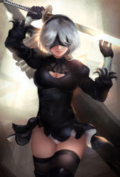 Rule 34 | 1girl, arm up, black dress, black gloves, black hairband, black ribbon, black thighhighs, blindfold, boots, breasts, broadsword, chain, cleavage, cleavage cutout, clothing cutout, covered eyes, cowboy shot, dress, feather-trimmed sleeves, feather trim, gloves, greatsword, groin, hair over eyes, hairband, hand up, highleg, highleg leotard, highres, holding, holding sword, holding weapon, huge weapon, juliet sleeves, katana, legs together, leotard, light smile, long sleeves, medium breasts, mole, mole under mouth, nier:automata, nier (series), nose, parted lips, pink lips, puffy sleeves, qosic, ribbed dress, ribbon, short dress, short hair, side slit, silver hair, solo, sword, tassel, teeth, thigh boots, thighhighs, upskirt, vambraces, weapon, weapon on back, white leotard, wind, wind lift, 2b (nier:automata)