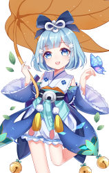 Rule 34 | 1girl, absurdres, bell, bloomers, blue eyes, blue hair, blunt bangs, bug, butterfly, chuor (chuochuoi), falling leaves, flower, hair flower, hair ornament, highres, insect, jingle bell, leaf, leaf umbrella, leg up, looking at viewer, matching hair/eyes, onmyoji, sash, short hair, solo, underwear, wide sleeves, ying grass