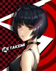 Rule 34 | 1girl, abstract background, absurdres, ahoge, bare shoulders, black choker, black hair, blunt bangs, brown eyes, character name, choker, closed mouth, from side, highres, jademoon, jewelry, looking at viewer, looking to the side, necklace, persona, persona 5, portrait, red lips, short hair, sleeveless, solo, studded choker, takemi tae, tank top, v-shaped eyebrows