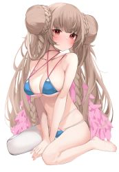 Rule 34 | 1girl, azur lane, bare arms, bare legs, bare shoulders, barefoot, bikini, blue bikini, blush, braid, breasts, brown eyes, brown hair, cleavage, closed mouth, collarbone, double bun, formidable (azur lane), formidable (the lady of the beach) (azur lane), hair bun, highres, kneeling, large breasts, long hair, looking at viewer, nephthys2356, official alternate costume, simple background, solo, swimsuit, underboob, white background