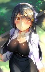 Rule 34 | 1girl, :o, absurdres, alternate costume, black dress, black hair, black legwear, black shirt, black skirt, blush, boots, breasts, brown eyes, casual, cleavage, collarbone, commentary request, day, dress, eyes visible through hair, hair between eyes, hair ornament, hairband, hairclip, haruna (kancolle), high-waist skirt, highres, jacket, kantai collection, large breasts, long hair, looking at viewer, open mouth, outdoors, ribbon, shade, shirt, sidelocks, skirt, solo, standing, tsukui kachou, white jacket
