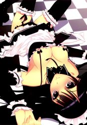 Rule 34 | 1girl, absurdres, apron, areola slip, bare shoulders, black eyes, black hair, black panties, black thighhighs, blush, breasts, checkered floor, cleavage, detached collar, detached sleeves, dress, f-ism, frilled thighhighs, frills, garter belt, highres, long hair, lying, maid, maid apron, maid headdress, murakami suigun, on back, original, panties, shoes, skirt, smile, solo, thighhighs, underwear, upside-down