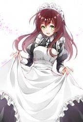 Rule 34 | 1girl, apron, apron lift, artist name, breasts, brown hair, clothes lift, collared shirt, frilled apron, frills, green eyes, hair between eyes, highres, juliet sleeves, large breasts, long hair, long sleeves, looking at viewer, maid, maid headdress, open mouth, original, puffy sleeves, shirt, signature, smile, solo, tokki, white background