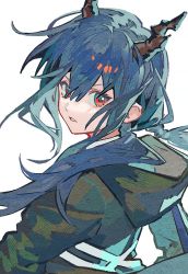 Rule 34 | 1girl, arknights, black coat, blue hair, ch&#039;en (arknights), coat, dragon horns, from behind, hood, hood down, hooded coat, horns, long hair, looking at viewer, looking back, low twintails, parted lips, qiqu, red eyes, simple background, solo, twintails, v-shaped eyebrows, white background