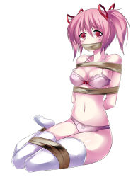 Rule 34 | 10s, 1girl, :3, arms behind back, bdsm, blush, bondage, bound, bound ankles, bound legs, bow, bow bra, bra, breasts, gag, gagged, hair ribbon, highres, improvised gag, kaname madoka, kyubey, lingerie, mahou shoujo madoka magica, mahou shoujo madoka magica (anime), maullarmaullar, navel, panties, pink bra, pink eyes, pink hair, pink panties, ribbon, scared, short hair, short twintails, simple background, solo, tape, tape bondage, tape gag, thighhighs, twintails, underwear, underwear only, white thighhighs