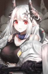 Rule 34 | 1girl, arknights, black collar, black gloves, black shirt, breasts, coat, collar, crop top, demon horns, ginnote, gloves, hair ornament, hammer, holding, holding hammer, horns, infection monitor (arknights), large breasts, looking at viewer, mudrock (arknights), off shoulder, open clothes, open coat, pointy ears, red eyes, shirt, solo, upper body, war hammer, weapon, white coat