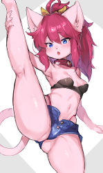 Rule 34 | 1girl, :o, absurdres, blue eyes, bow, character request, collar, colored skin, copyright request, furry, furry female, hair bow, highleg, highleg panties, highres, leg lift, midriff, navel, open fly, panties, pink skin, ponytail, red hair, short shorts, shorts, solo, split, standing, suurin (ksyaro), underwear