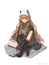 Rule 34 | 1girl, absurdres, animal ears, arknights, black footwear, black jacket, black skirt, boots, braid, brown hair, brown scarf, brown shirt, ceobe (arknights), ceobe (unfettered) (arknights), dog ears, ears through headwear, gloves, highres, jacket, knee up, long hair, long sleeves, looking at viewer, official alternate costume, open clothes, open jacket, open mouth, red eyes, red gloves, scarf, shirt, simple background, sitting, skirt, solo, suiji shengcheng wu-, twin braids, very long hair, white background, white headwear