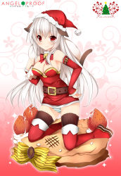 Rule 34 | 1girl, bare shoulders, belt, blush, boots, breasts, detached sleeves, duji amo, food, fruit, hat, highres, holding, kneeling, long hair, medium breasts, original, panties, red eyes, sack, santa hat, silver hair, smile, solo, strawberry, striped clothes, striped panties, thigh boots, thighhighs, underwear, usagihime