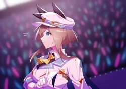 Rule 34 | 1girl, afterimage, animal ears, ascot, blurry, blurry background, blush, breasts, brown hair, cape, cheval grand (umamusume), closed mouth, collared shirt, concert, ear wiggle, flying sweatdrops, gloves, hand up, hat, hat belt, horse ears, index finger raised, jacket, long hair, long sleeves, medium breasts, multicolored hair, renma (renma 0503), shirt, sideways mouth, solo, speed lines, streaked hair, sweat, twitter username, umamusume, upper body, watermark, white gloves, white hat, white jacket, yellow ascot