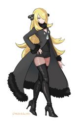 Rule 34 | 1girl, absurdres, adapted costume, black coat, black footwear, black shirt, black shorts, blonde hair, boots, coat, commentary request, creatures (company), cynthia (pokemon), fur-trimmed coat, fur collar, fur trim, game freak, grey eyes, hair ornament, hair over one eye, hand on own hip, high heel boots, high heels, highres, kakikuyeko3181, knees, long hair, long sleeves, looking at viewer, nintendo, pokemon, pokemon dppt, shirt, shorts, solo, standing, thigh boots, v-neck, very long hair, wavy hair