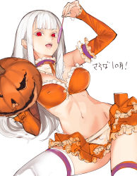 Rule 34 | 1girl, adapted costume, alternate color, bikini, bikini top only, breasts, candy, capcom fighting jam, choker, cleavage, commentary request, detached collar, detached sleeves, food, frills, fruit, halloween, highres, ingrid (capcom), jack-o&#039;-lantern, lollipop, looking at viewer, medium breasts, microskirt, no headwear, open mouth, orange (fruit), orange bikini, orange skirt, orange sleeves, pinky out, red eyes, sketch, skirt, solo, swimsuit, swirl lollipop, tetsu (kimuchi), thighhighs, white background, white hair, white thighhighs, zettai ryouiki