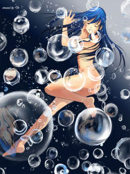 Rule 34 | 1girl, ass, bath, blood eagle, blue hair, bubble, closed eyes, female focus, floating, full body, gradient background, long hair, lynn minmay, macross, macross: do you remember love?, nude, refraction, solo, text focus, zero gravity