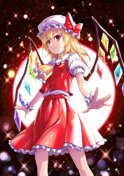 Rule 34 | 1girl, absurdres, blonde hair, crystal, fish.boy, flandre scarlet, hat, highres, long hair, mob cap, puffy short sleeves, puffy sleeves, red eyes, red vest, short sleeves, solo, touhou, vest, white hat, wings, wrist cuffs