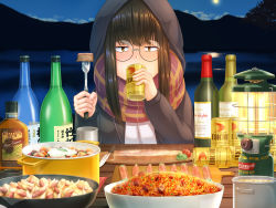 Rule 34 | 1girl, alcohol, beer can, blush, bottle, brown eyes, brown hair, can, constricted pupils, cutting board, drink can, drunk, food, fork, full moon, glasses, hamto, highres, holding, holding can, holding fork, hood, hooded jacket, jacket, knife, lake, lantern, long hair, long sleeves, looking at viewer, meat, moon, night, nose blush, outdoors, pasta, plaid, plaid scarf, pot, round eyewear, sake bottle, scarf, solo, spaghetti, stew, thick eyebrows, toba minami, wine bottle, yurucamp