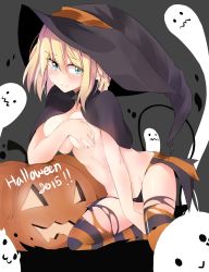 Rule 34 | 10s, 1girl, 2015, a:n (angrynum), black panties, blonde hair, blue eyes, blush, breasts, capelet, copyright request, covering privates, covering breasts, demon tail, embarrassed, ghost, happy halloween, hat, highres, jack-o&#039;-lantern, panties, sitting, smile, solo, tail, thighhighs, torn clothes, torn thighhighs, underwear, witch hat