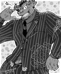 Rule 34 | 1boy, animal ears, bara, border, collared shirt, commentary request, cow ears, cow horns, facial hair, formal, furry, furry male, goatee stubble, grey background, greyscale, gyumao (housamo), hand up, horns, lapel pin, lapels, male focus, masapeko, mature male, minotaur, mixed-language commentary, mohawk, monochrome, muscular, muscular male, necktie, notched lapels, open mouth, outline, scar, scar on face, scar on nose, shirt, short hair, smile, solo, star (symbol), striped, striped suit, stubble, suit, thick eyebrows, tokyo houkago summoners, upper body, vertical stripes, white border, white outline