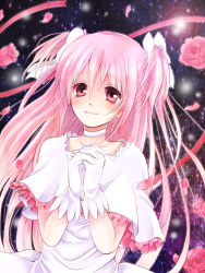 Rule 34 | 10s, alternate costume, alternate hairstyle, choker, dress, flower, kaki39, kaname madoka, mahou shoujo madoka magica, mahou shoujo madoka magica (anime), own hands clasped, own hands together, pink eyes, pink hair, rose, smile, solo, spoilers, star (symbol), ultimate madoka