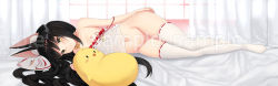 Rule 34 | 1girl, animal ear fluff, animal ears, azur lane, babydoll, black hair, breasts, character pillow, closed mouth, commentary, curtains, dakimakura (medium), day, egk513, english commentary, fox ears, fox mask, highres, indoors, jewelry, long hair, looking at viewer, lying, manjuu (azur lane), mask, midriff, mixed-language commentary, nagato (azur lane), nagato (great fox&#039;s respite) (azur lane), navel, necklace, nipples, no panties, on side, one breast out, partially undressed, pillow, pussy, sample watermark, small breasts, smile, solo, strap slip, sunlight, thighhighs, thighs, watermark, white thighhighs, window, yellow eyes
