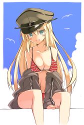 Rule 34 | 10s, 1girl, bare shoulders, between legs, bikini, bismarck (kancolle), blonde hair, blush, breasts, cleavage, clothes down, cloud, colored eyelashes, day, green eyes, hand between legs, hat, highres, kantai collection, large breasts, long hair, looking at viewer, military hat, navel, ohta yuichi, open mouth, peaked cap, simple background, sitting, sky, smile, solo, swimsuit