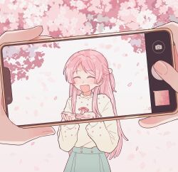 Rule 34 | 2girls, :d, artist request, bang dream!, bang dream! it&#039;s mygo!!!!!, blue skirt, blush, cellphone, cellphone photo, cherry blossoms, chihaya anon, closed eyes, commentary, commission, cowboy shot, dot nose, facing viewer, falling petals, fang, female pov, half updo, high-waist skirt, highres, holding, holding phone, long hair, long sleeves, multiple girls, nagasaki soyo, one side up, open mouth, parted bangs, petals, phone, pink hair, pleated skirt, pov, pov hands, second-party source, shirt, shirt tucked in, skirt, smartphone, smile, taking picture, white shirt