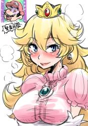 Rule 34 | 1girl, blonde hair, blue eyes, blush, breasts, brooch, crown, earrings, elbow gloves, facial hair, gloves, hat, jewelry, large breasts, lips, looking at viewer, mario, mario (series), mustache, naui kudan, nintendo, princess peach, puffy sleeves, shirt, short hair, smile, solo, sweat, taut clothes, taut shirt, white gloves