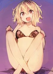 Rule 34 | 1girl, absurdres, bikini, blonde hair, crossed ankles, gradient background, hands on own knees, highres, kaamin (mariarose753), legs, looking at viewer, open mouth, pink background, purple background, red eyes, rumia, short hair, simple background, sitting, smile, solo, star (symbol), swimsuit, thighs, touhou