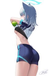 Rule 34 | 1girl, absurdres, animal ear fluff, animal ears, ass, back, bike jersey, bike shorts, black sports bra, blue archive, blue eyes, blush, breasts, cross hair ornament, cycling uniform, extra ears, from behind, from side, gloves, grey hair, hair ornament, highres, leehamin777, looking at viewer, looking back, medium breasts, medium hair, shiroko (blue archive), shiroko (cycling) (blue archive), short hair, simple background, solo, sports bra, sportswear, standing, sweat, underboob, undressing, upper body, white background, white hair