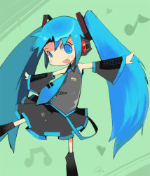 Rule 34 | 1girl, :d, beamed quavers, belt, black skirt, blue hair, blush, boots, collared shirt, detached sleeves, green background, grey shirt, hair ornament, hatsune miku, headphones, inemuri uno, long hair, looking at viewer, musical note, necktie, open mouth, outstretched arms, quaver, shirt, skirt, smile, solo, spread arms, standing, standing on one leg, twintails, vocaloid