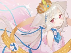 Rule 34 | 1girl, :o, animal ears, bare shoulders, center frills, commentary, crown, dress, english commentary, flower, frills, grey hair, hair between eyes, hair ornament, jigatei (omijin), long hair, looking at viewer, low twintails, original, parted lips, red eyes, rose, sakurada shiro (hy plus), sleeveless, sleeveless dress, solo, sparkle, tilted headwear, twintails, very long hair, white dress, white flower, white rose, x hair ornament