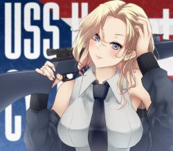Rule 34 | 1girl, american flag background, black necktie, blonde hair, blue eyes, blue jacket, blush, bolt action, bomber jacket, breasts, character name, grey shirt, gun, hand in own hair, highres, holding, holding gun, holding weapon, hornet (kancolle), jacket, kantai collection, large breasts, lips, long hair, m1903 springfield, necktie, nuka (nvkka), over shoulder, rifle, shirt, sleeveless, sleeveless shirt, solo, text background, upper body, weapon, weapon over shoulder