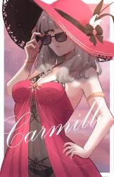 Rule 34 | 1girl, absurdres, adjusting eyewear, border, breasts, carmilla (fate), carmilla (swimsuit rider) (fate), carmilla (swimsuit rider) (first ascension) (fate), character name, commentary request, dress, fate/grand order, fate (series), fingernails, grey hair, hand on own hip, hat, highres, long fingernails, maka (user rryf2748), nail polish, pink nails, red dress, red hat, see-through, solo, sun hat, sunglasses, white border, yellow eyes