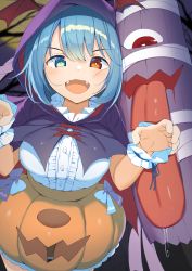 Rule 34 | 1girl, absurdres, aqua hair, bad id, bad pixiv id, blue eyes, blush, bow, breasts, buttons, claw pose, commentary request, cowboy shot, fangs, hair between eyes, halloween, hands up, heterochromia, highres, hood, hood up, hooded vest, hoodie, looking at viewer, medium breasts, medium hair, multicolored bow, one-eyed, open mouth, piyodesu, pumpkin skirt, purple vest, red eyes, shirt, smile, tatara kogasa, tongue, tongue out, touhou, umbrella, v-shaped eyebrows, vest, white shirt, winged hoodie, wrist cuffs