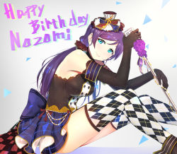 Rule 34 | 10s, 1girl, aqua eyes, argyle, argyle clothes, argyle legwear, black gloves, bow, breasts, cafe maid (love live!), character name, elbow gloves, frills, gloves, hair ornament, happy birthday, hat, long hair, love live!, love live! school idol festival, love live! school idol project, low twintails, marshall (wahooo), microphone, microphone stand, mini hat, mini top hat, purple hair, scrunchie, skirt, smile, solo, thighhighs, tojo nozomi, top hat, twintails