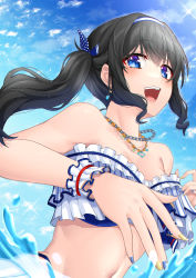 Rule 34 | 1girl, absurdres, bare shoulders, bikini, black hair, blue bikini, blue eyes, blush, breasts, cleavage, highres, idolmaster, idolmaster cinderella girls, jewelry, large breasts, looking at viewer, medium hair, navel, necklace, open mouth, sagisawa fumika, slope (check238), smile, solo, stomach, swimsuit